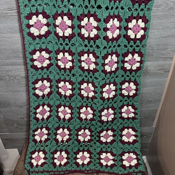 Handcrafted Floral Crochet Throw Blanket - Green, Purple, Cream - Picture 3 of 7